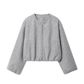Short grey round neck bomber jacket with metal zipper and premium wool-like texture - XS / U-version Light Gray