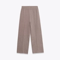 Neutral khaki high-waisted wide-leg knit trousers with elegant vertical seam details - S / Palazzo Pants / Khaki