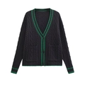 Cardigan nero da donna a trecce con strisce verdi a contrasto, scollo a V e ampie tasche - Nero / XS