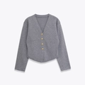 Grauer Damen-Strickcardigan mit V-Ausschnitt und eleganten goldenen Knöpfen - S / Cardigans / Grau
