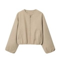 Women's minimalist round neck bomber jacket in light camel wool-like fabric - U-version Khaki