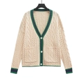 Cardigan chic in maglia a trecce beige con strisce a contrasto e scollo a V classico - Bianco Sporco / XS