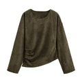 Close-up of olive green suede top featuring waist pleats and asymmetrical hem detail - XS / Army Green