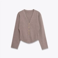 Braune Strickjacke mit V-Ausschnitt, Goldknöpfen und rundem Saum im schlichten Stil - S / Cardigans / Khaki
