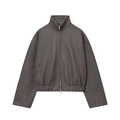 Close-up of a dark grey wool texture stand collar jacket with metal zipper detail - S / Dark Gray