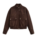 Chaqueta de ante marrón oscuro con cuello de solapa y dobladillo elástico mujer - XS / Marrón