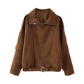 Detail of dark brown faux suede motorcycle jacket with silver zippers and waist belt - Brown