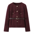 Chaqueta de ante sintético burdeos para mujer con cuello redondo, botones y cinturón - XS / Burdeos