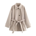 Chic manteau court en laine beige avec double col et ceinture ajustable à la taille - XS / Khaki