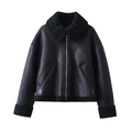 Schwarze Damen Pilotenjacke mit Kunstpelzfutter, Lammfellkragen und Silberreißverschluss - XS / Schwarz