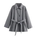 Manteau femme gris foncé en laine mélangée avec col double et ceinture à nouer - XS / Gris