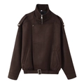 Detail of dark brown utility jacket showing stand-up collar and waist belt with metal buckle - Dark Brown