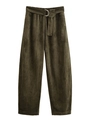 Detail van olijfgroene suède broek met elastische taille en bijpassende riem met D-ring - XS / Legergroen