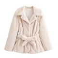 Short faux fur jacket in beige with lapel collar and adjustable tie-waist belt - XS / Off White