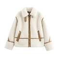 Veste polaire sherpa pour femmes avec bordures en cuir marron et doublure d'hiver - S / Blanc Cassé