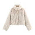 Chaqueta elegante de piel sintética crema para mujer con cuello alto y textura suave - XS / Beige
