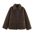 Giacca da donna in pile teddy marrone, vestibilità comoda con bordi in pelle e bottoni - XS / Marrone Scuro