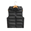 Men's hooded black puffer vest featuring side stretch panels and a zipper front closure - XS / Black