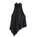 Elegantes schwarzes Satin-Neckholder-Top mit Bindekragen und asymmetrischem Saum - XS / Schwarz