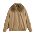 Khaki faux fur collar baseball jacket with full zipper and ribbed cuffs for women - XS / Khaki