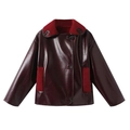 Chic burgundy faux leather shearling jacket with red fleece collar and loose fit - XS / Dark Red