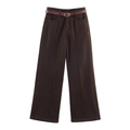 Pantaloni a gamba larga marrone scuro a vita alta con pieghe e sottile cintura bordeaux - XS / Pantaloni