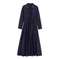 Detail of navy blue shirt dress featuring a classic collar, chest pockets and waist belt - XS / Tops / Dark Blue