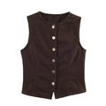 Gilet slim in velluto a coste marrone scuro con scollo rotondo e bottoni in metallo - XS / Top
