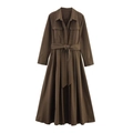 Detail of dark brown long sleeve shirt dress with lapels, pockets and adjustable waist belt - XS / Tops / Dark Brown