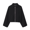 Women's black cropped zip-up jacket with lapel collar and elastic ruffled hem - XS / Black