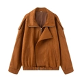 Detailansicht der karamellbraunen Wildlederimitat-Jacke mit Reverskragen und Reißverschluss - S / Dunkelbraun