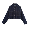 Détail d'une veste en jean bleu foncé avec boutons argentés et coutures classiques - XS / Chemise Bleu Foncé