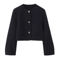 Detailweergave van een donkere korte blazer met getextureerde stof en zilveren knopen - Zwarte Top