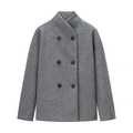 Close-up of gray double-breasted coat showing wool texture and stand collar detail - S / Tops / Gray