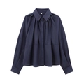 Dunkelblaue Langarm-Popeline-Bluse für Damen mit eleganten Plissee-Details vorne - XS / Marineblau