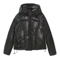 Detail of glossy black puffer jacket featuring a hooded design and metallic shine finish - XS / Black