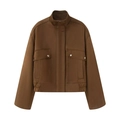 Short dark brown faux suede moto jacket with stand collar and large cargo pockets - XS / Brown