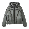 Detail of metallic grey hooded puffer jacket with zipper and adjustable drawstring hem - XS / Gray