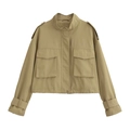 Damenjacke im Khaki-Military-Stil mit großen Pattentaschen und Stehkragen-Design - XS / Khaki
