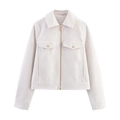 Women's off-white faux suede jacket featuring lapel collar, chest pockets and gold zipper - XS / Pure White