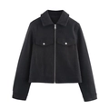 Women's black wool-like zipper jacket with lapel collar and flap pockets in a minimalist style - XS / Dark Gray