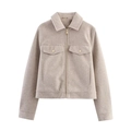 Women's oatmeal oversized wool jacket with classic lapel collar and front zip closure - XS / Beige