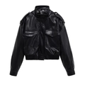 Détail du blouson aviateur en similicuir noir avec pattes d'épaule et poignets côtelés - XS / Noir