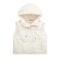 Detail view of off-white hooded quilted puffer vest with adjustable drawstrings - S / White