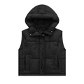 Close-up of black hooded puffer vest showing quilted fabric texture and drawstring detail - S / Black