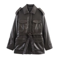 Giacca da donna in pelle PU marrone scuro con quattro tasche e cintura per la moda autunno 2025 - XS / Marrone Scuro