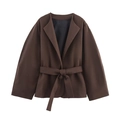 Detail view of coffee brown belted blazer with wide sleeves and smooth lining texture - XS / Tops