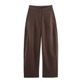 Close-up of high-waisted chocolate brown wide-leg trousers with elegant pleat detail - XS / Pants