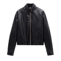 Women's black PU leather jacket with stand collar and gold snap buttons for spring 2025 - S / Black