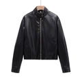 Detail of black PU leather jacket featuring stand collar with golden snaps and metal zipper - XS / Black